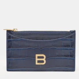Blue Croc Embossed Leather Zip Card Case