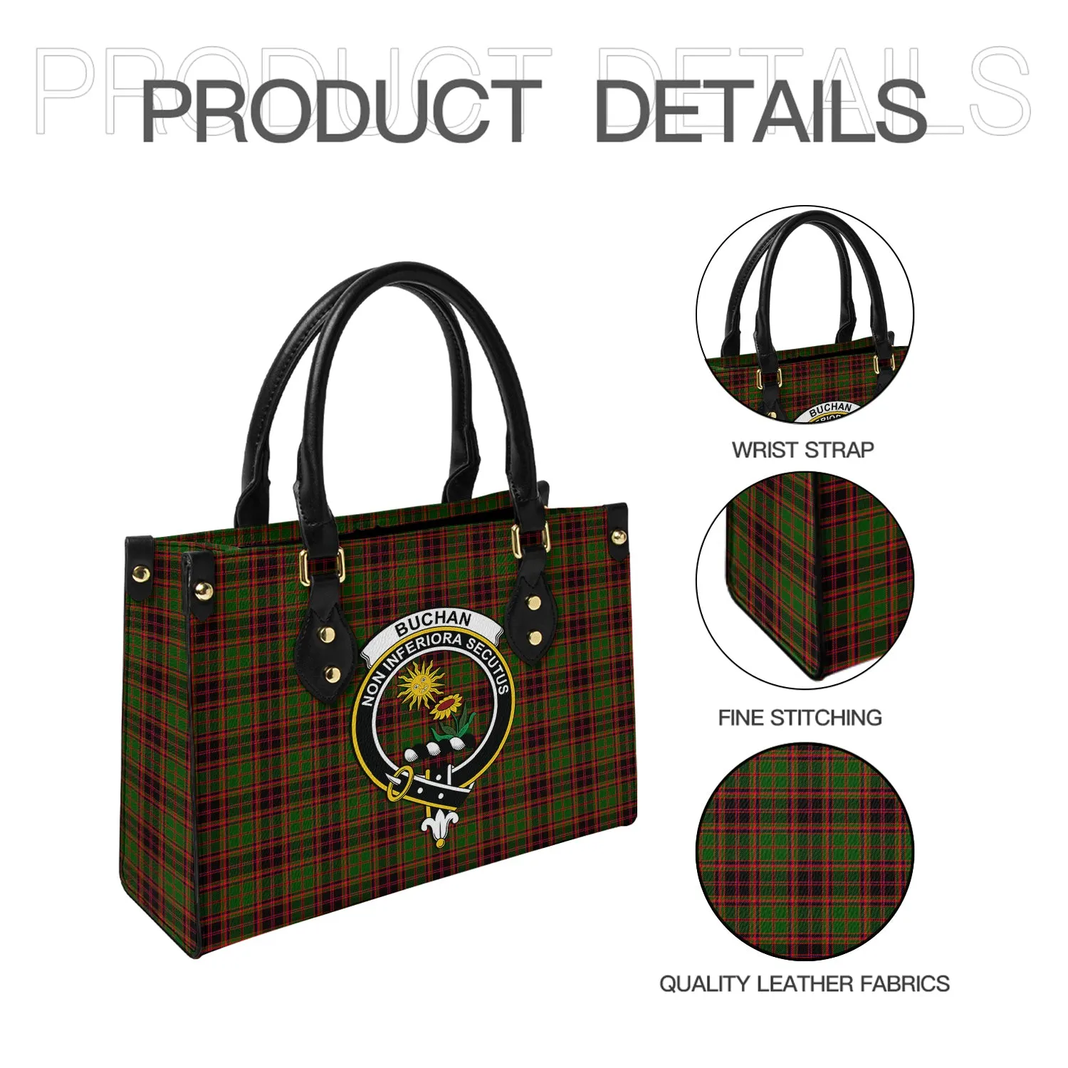 Buchan Tartan Leather Bag with Family Crest