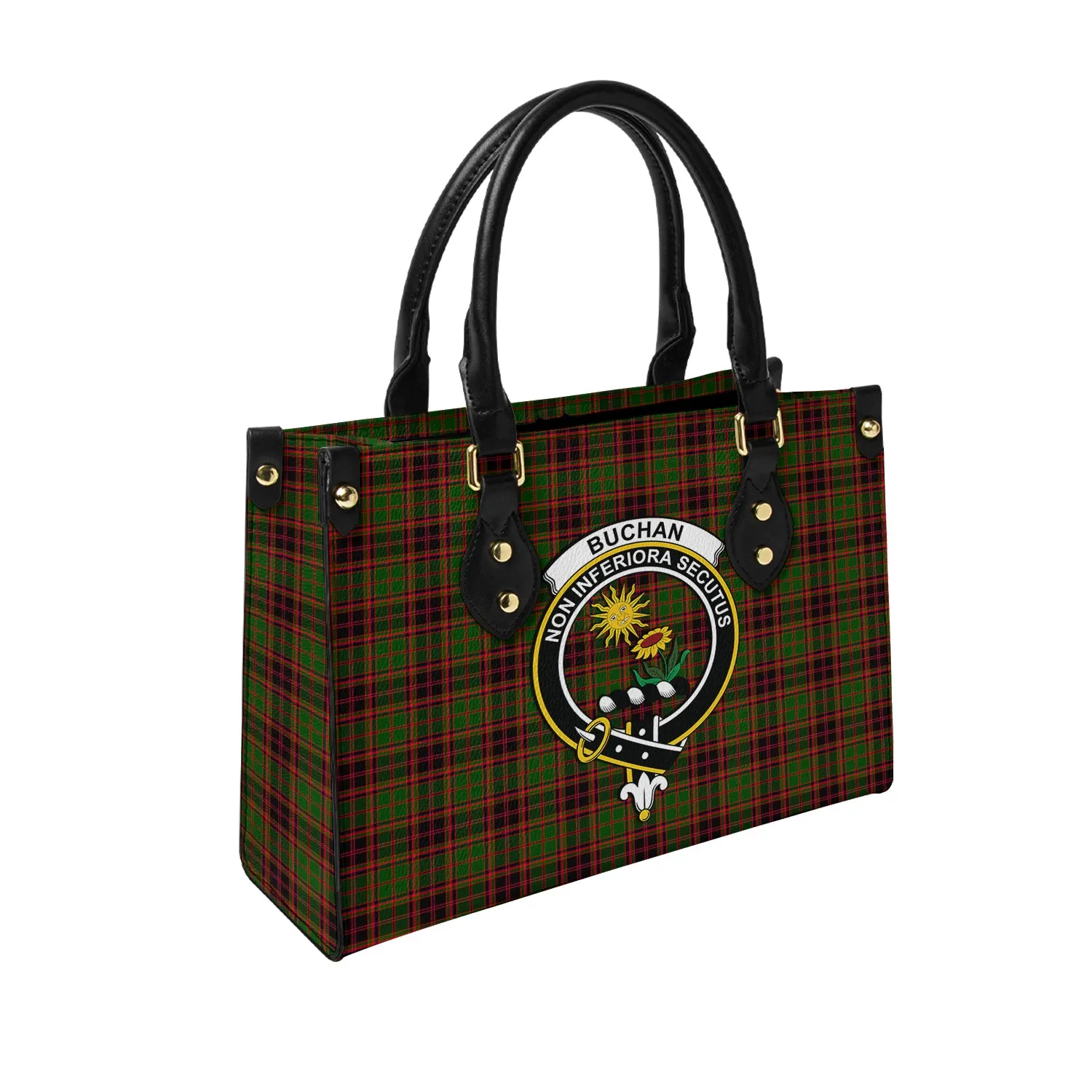 Buchan Tartan Leather Bag with Family Crest