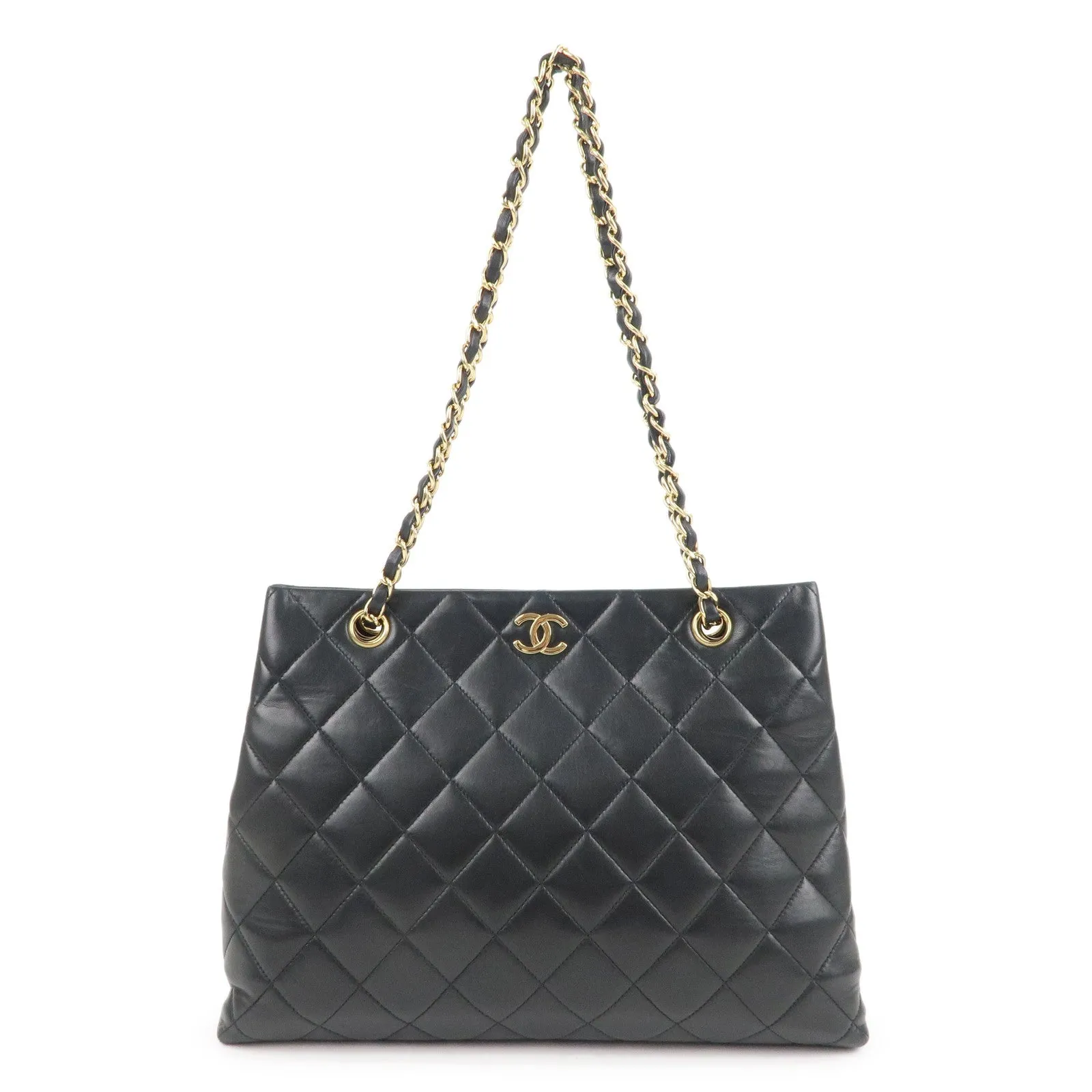 CHANEL Matelasse Lamb Skin Chain Tote Bag Black Gold HDW