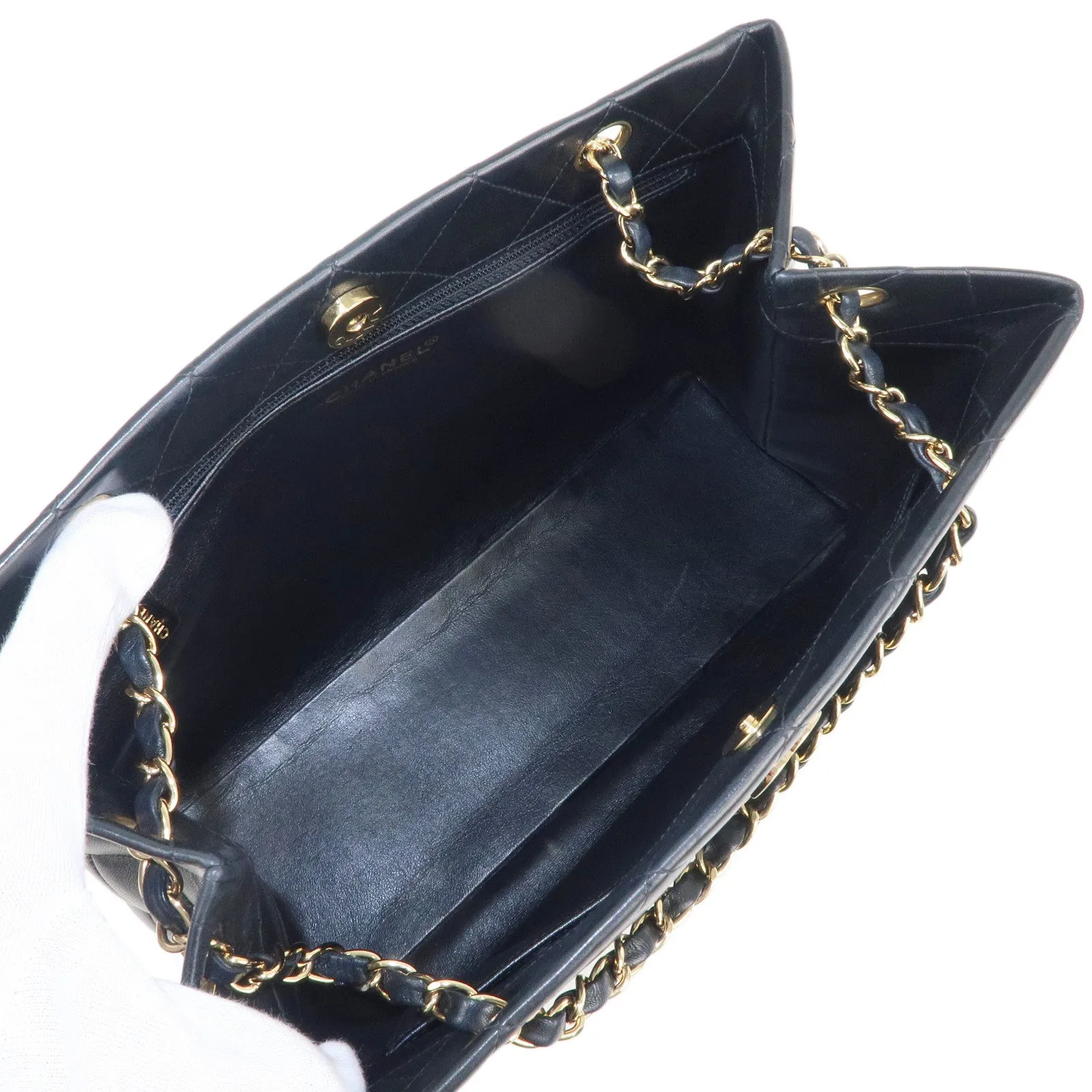 CHANEL Matelasse Lamb Skin Chain Tote Bag Black Gold HDW
