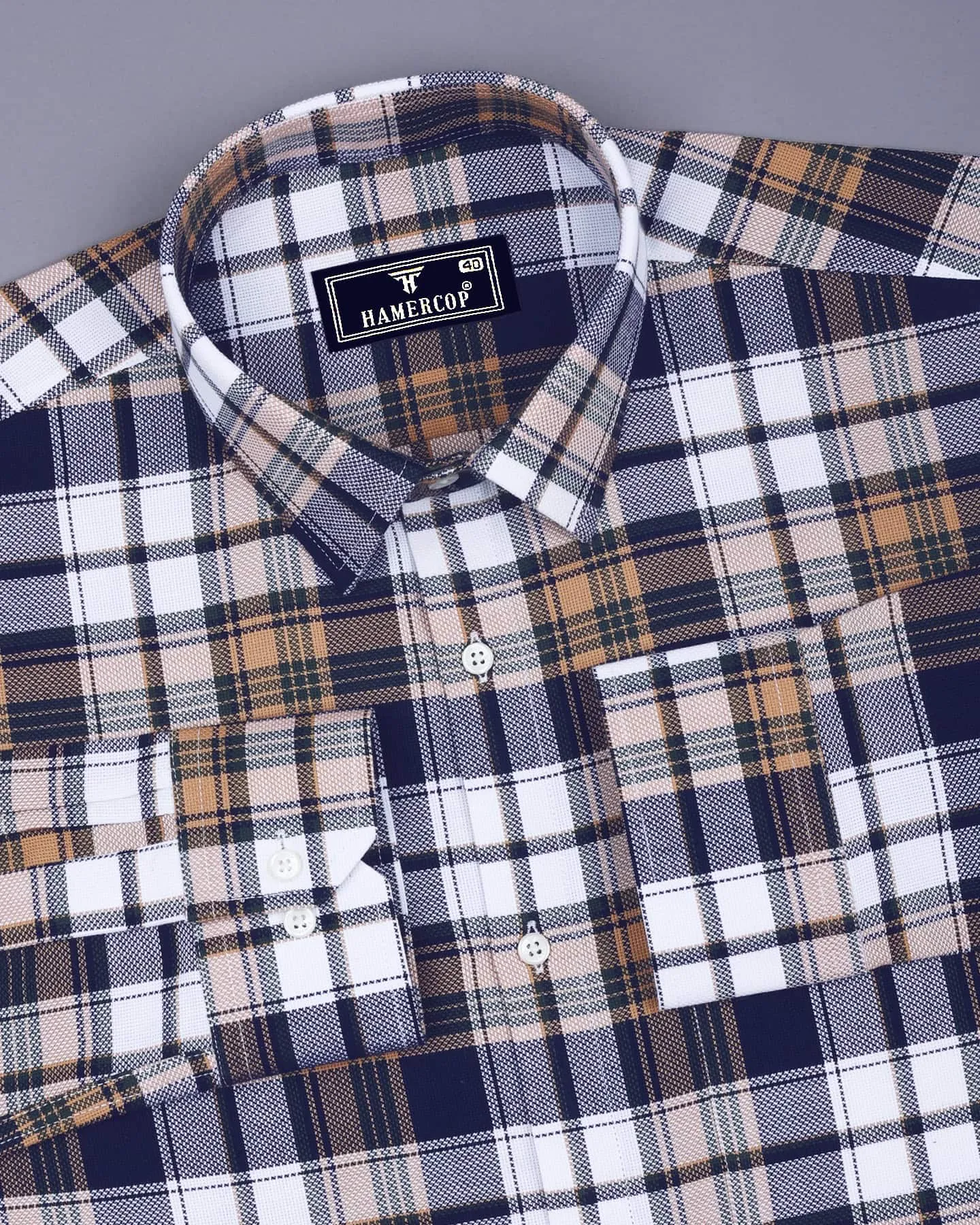 Cream With Navyblue Multicolor Check Dobby Cotton Shirt