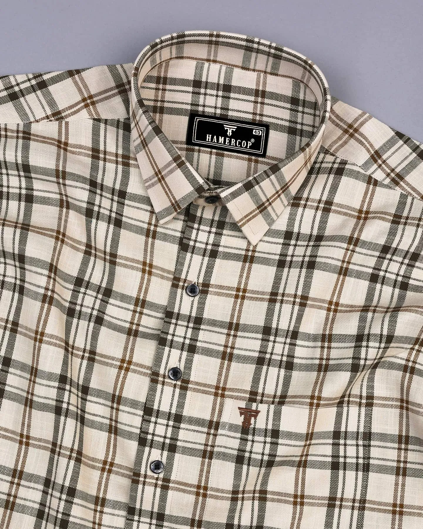 Cream With Wonder Green Twill Check Amsler Linen Shirt