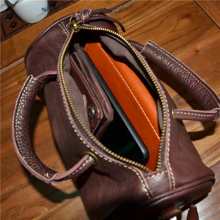 Cute Handmade Vegetable Tanned Leather Shoulder Bucket Bags