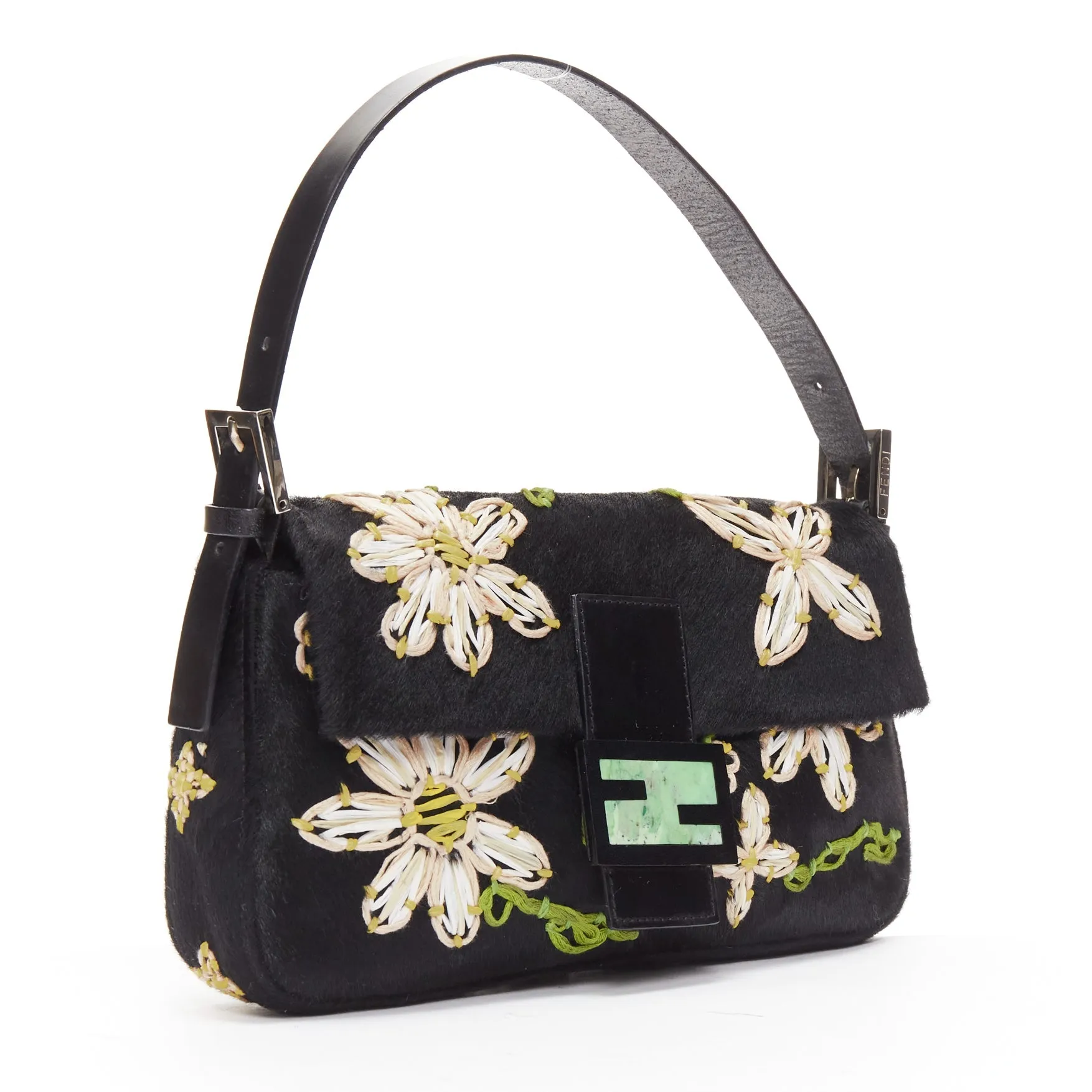 FENDI Baguette black pony hair FF logo buckle white embellished underarm bag