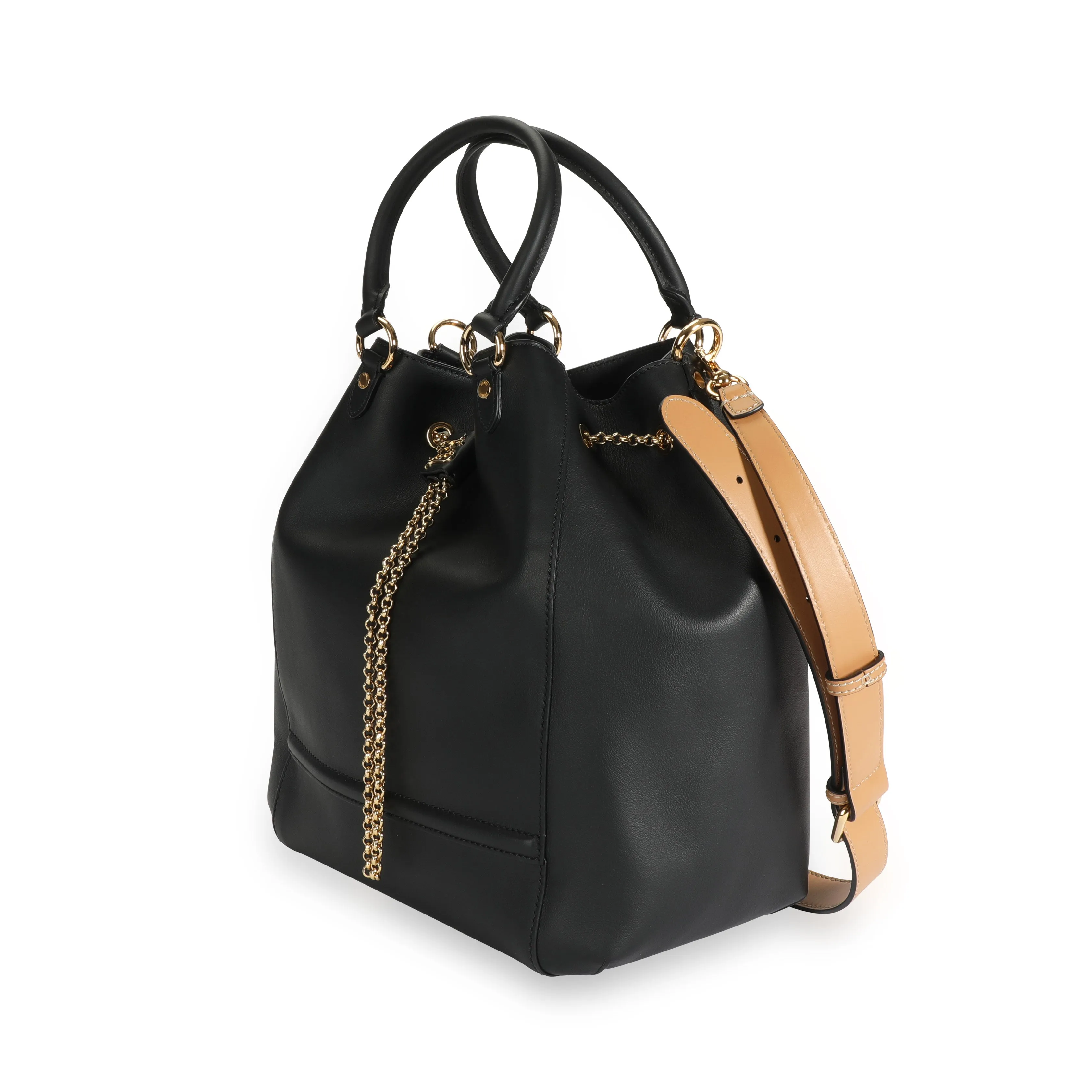 FENDI Black Vitello Leather Karligraphy Chain Bucket Bag