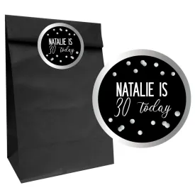 Glitz Black & Silver Party Bags with Personalised Round Stickers - Pack of 12