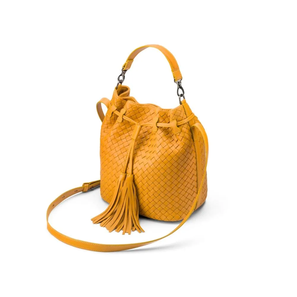 Kelly Woven Leather Bucket Bag - Yellow