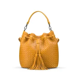 Kelly Woven Leather Bucket Bag - Yellow
