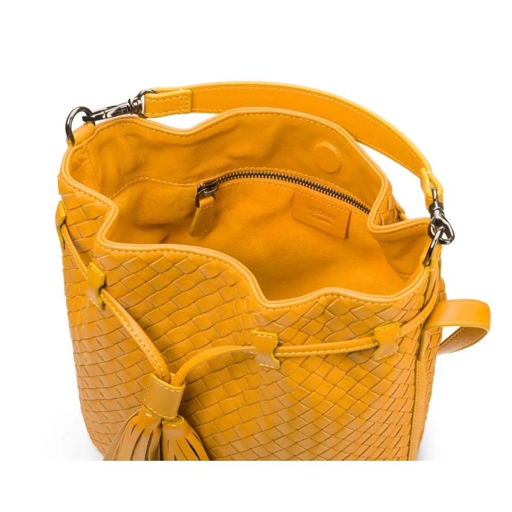 Kelly Woven Leather Bucket Bag - Yellow