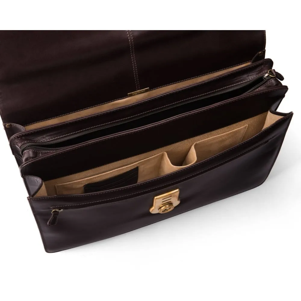 Large Leather Hatton Briefcase With Solid Brass Lock - Brown