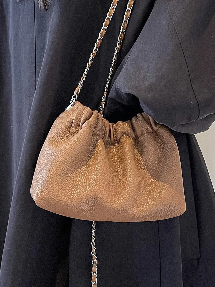 Minimalist Chain Strap Crossbody Pouch Bag, Cute Mini Leather Purse, Small Canvas Bag for Women, Drawstring Bag, Vegan Leather Bag
