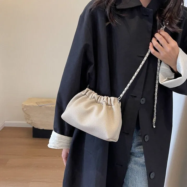 Minimalist Chain Strap Crossbody Pouch Bag, Cute Mini Leather Purse, Small Canvas Bag for Women, Drawstring Bag, Vegan Leather Bag