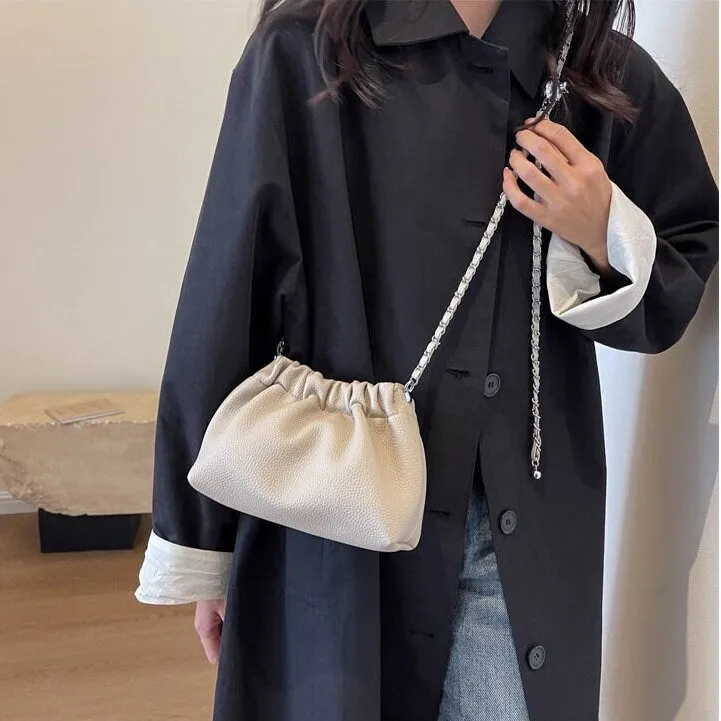 Minimalist Chain Strap Crossbody Pouch Bag, Cute Mini Leather Purse, Small Canvas Bag for Women, Drawstring Bag, Vegan Leather Bag