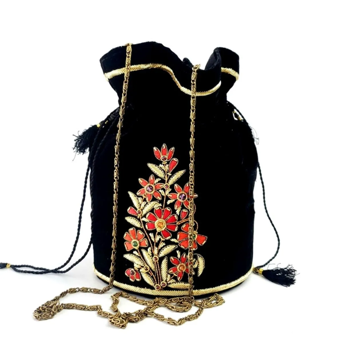 Red Floral Black Velvet Bucket Bag Potli Bag