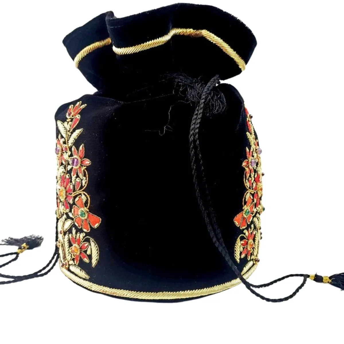 Red Floral Black Velvet Bucket Bag Potli Bag