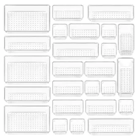 Vtopmart 25 PCS Clear Plastic Drawer Organizers Set, 4-Size Versatile Bathroom and Vanity Drawer Organizer Trays, Storage Bins for Makeup, Bedroom, Kitchen Gadgets Utensils and Office